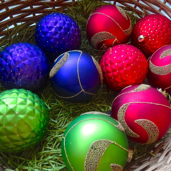 Set of 10 Red Green & Purple Glass Ball Christmas Ornaments Xmas Holiday Decor - Picture 3 of 11